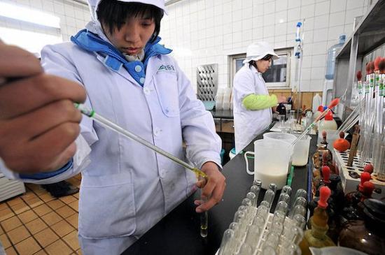 2008年三聚氰胺事件爆发后,河北石家庄一家奶制品安全检测员正在从刚到厂的奶车内提取鲜奶进行各项检测。图片来源:视觉中国