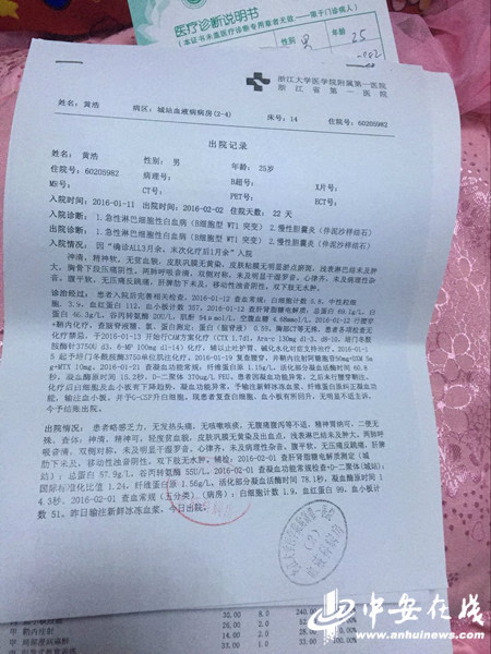 黄浩的出院记录。