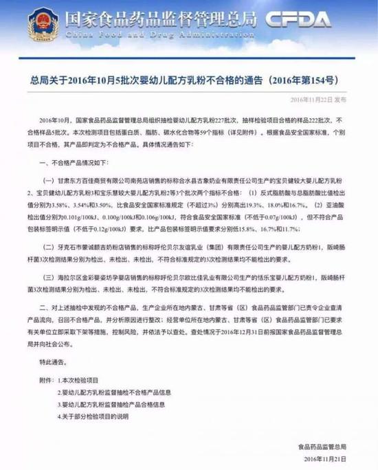 11月22日,国家食品药品监督管理总局对外公布10月份婴幼儿配方奶粉抽检结果。