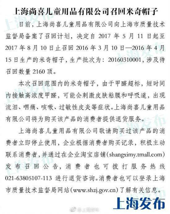 上海尚喜召回超标米奇帽子