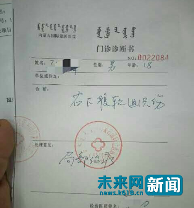 病院检查,李萌为右下腹软组织伤。(图片由受访者供给)