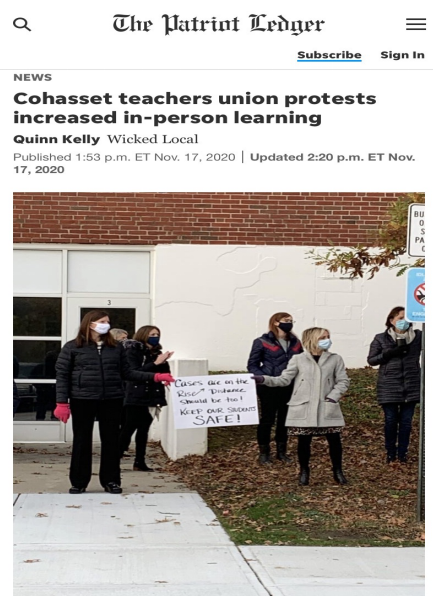△萨诸塞州当地媒体报道,科哈塞特镇教师工会抗议该学区即将增加面对面授课的计划。