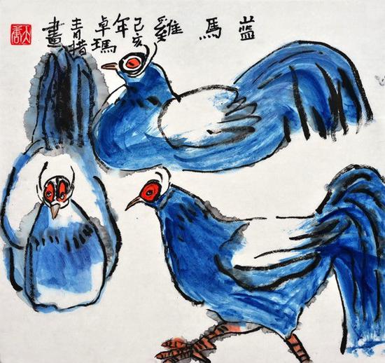 中国画《蓝马鸡》，作者：卓玛青措，六年级