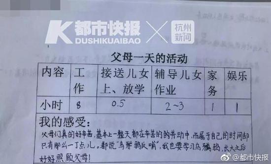 父母工作8小时,接送上下学半小时,辅导作业2-3小时,家务1小时,娱乐1小时