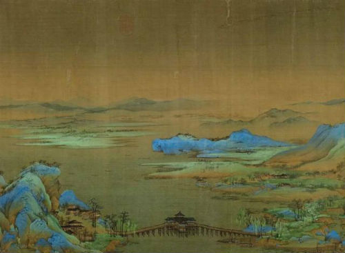 王希孟,《千里江山图》局部。中国第一长桥利往桥和垂虹亭。