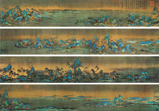 王希孟《千里江山图》,绢本青绿设色,纵51.5厘米、横1191.5厘米,北京故宫博物院藏