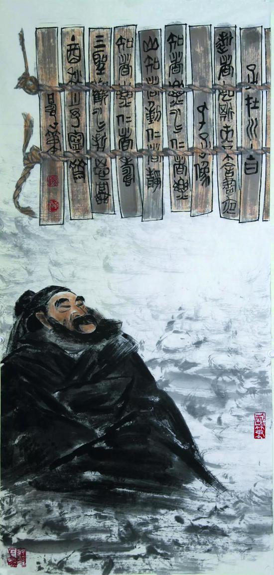 三圣观水哲思图-逝者如斯夫 不舍昼夜-孔子像 纸本水墨 180×96cm 2016年