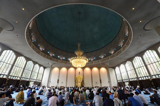 图为 2012 年 8 月 19 日拍摄的资料图片，显示了穆斯林男子在伦敦摄政公园清真寺内参加开斋节祷告。图片来源：法新社/阿迪克•贝里。