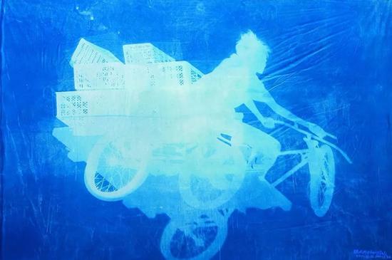 张大力《车夫》Delivery Bicycles纯棉布蓝晒Cyanotype Photogram Mounted on Fine Linen 260×390cm 2011