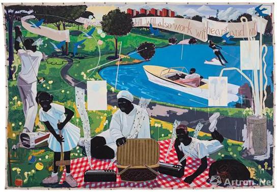 克里·詹姆斯·马歇尔（Kerry James Marshall）《昔日》 压克力彩、拼贴画布 275 x 398 成交价：2111.45万美元