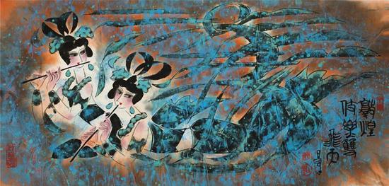 伎乐双飞天  纸本水墨  68×136cm  2015年