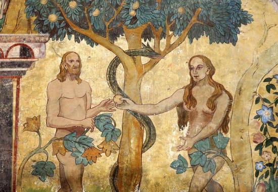 Adam and Eve in the Garden of Eden，wall painting