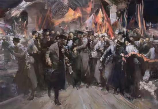图片说明:俞晓夫,《一个共和理想的殉道者——纪念宋教仁先生》,180*260,布面油画,2012