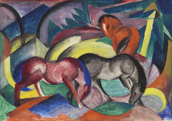 法兰兹·马尔克（Franz Marc）《三匹马》水粉 卡纸 33.5 x 47.5 cm。 1912年作