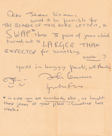 说明：此为约翰•列儂所作、小野洋子签名信札，此信应是作於1970年代中期，