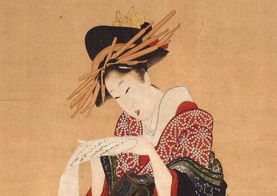 《艺妓读信》局部，喜多川歌麿  (?-1806)，彩色木刻版画，约1805—1806年