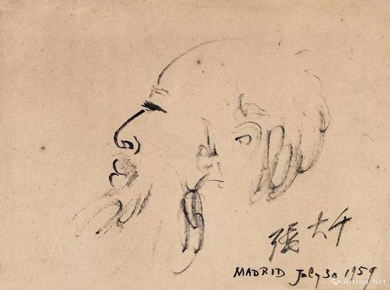 张大千 自画像 镜心水墨 1959年作 款识:张大千,MadridJuly 30 1959。