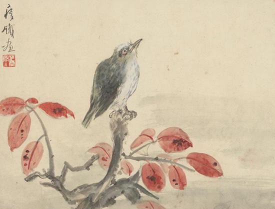 钱瘦铁,《红枫小鸟》,33.5x43cm,20世纪50-60年代
