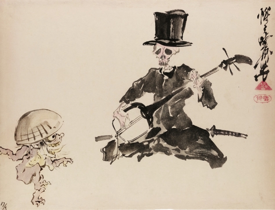 河锅晓斋，《戴着礼帽的骷髅演奏者与跳舞的怪物》，1871-1878