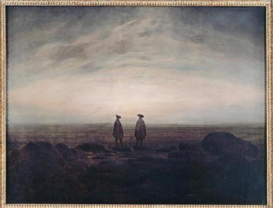 弗里德里希的《两人观海》，他常将渺小模糊的人像置于无穷无尽的自然。