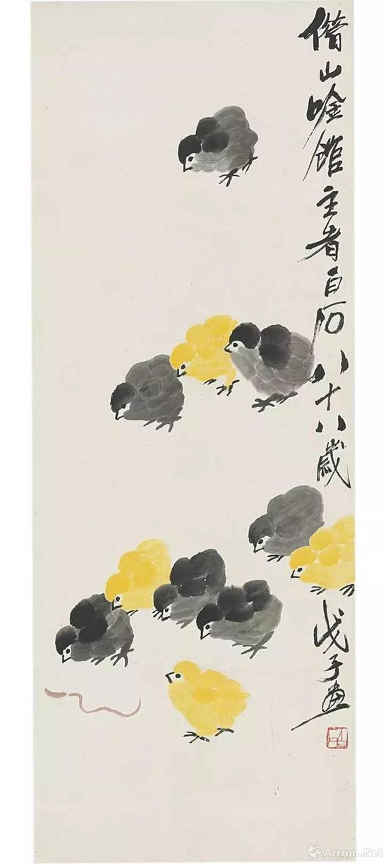 齐白石 《雏鸡》 设色纸本 立轴 94.7 x 35.6 cm。