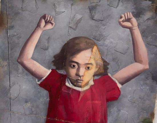 张晓刚,跳跃1号(局部),2018,纸本油画、纸张拼贴,194 x 86 cm