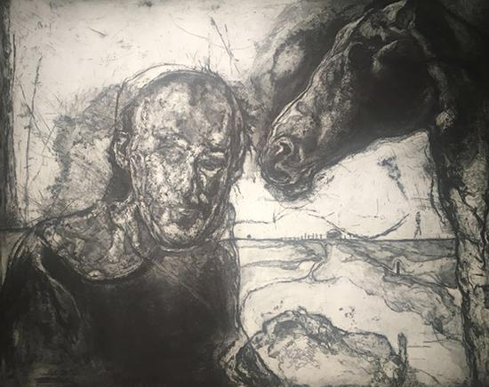 侯炜国《它的低鸣惊醒了卡夫卡》铜版画，125x100cm，2016