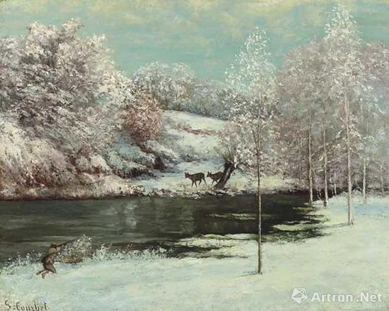 古斯塔夫·库尔贝（法国，1819-1877）《雪中猎人》油彩 画布