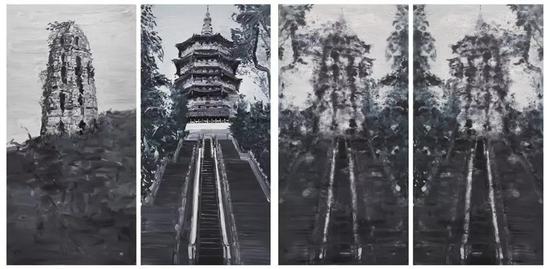 李青 Li Qing 互毁而同一的像·雷峰塔 Images of Mutual Undoing and Unity·Leifeng Pagoda 2009 布面油画,240×120cm×2 & 照片两幅,尺寸可变