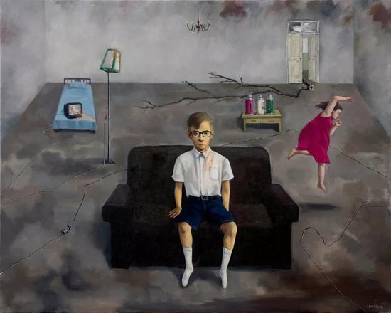 张晓刚，黑沙发，2016，布面油画，120×150 cm