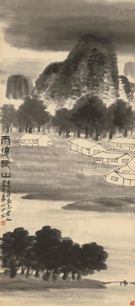 齐白石四季山水十二条屏-雨后云山 题款:雨后云山寄萍堂上老人造并篆此四字。
