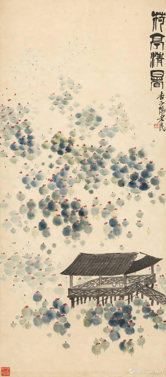 齐白石四季山水十二条屏-荷亭清暑 题款:荷亭清暑。杏子坞老民。