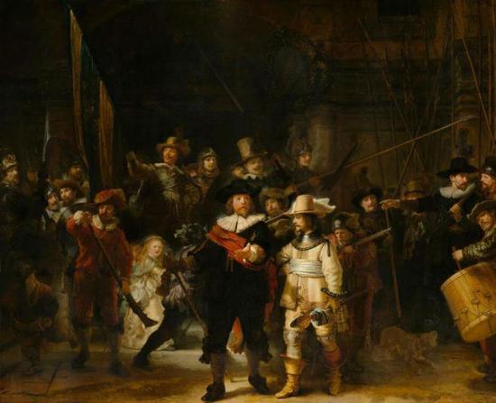 伦勃朗,《夜巡》,1642,布面油画,379.5x453.5cm。图/荷兰国立博物馆提供