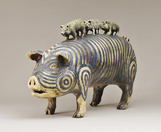 西川 胜 ,《亲子条纹猪》,陶艺,2018