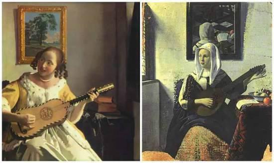 左图维米尔的《演奏音乐的女人》，右图米格伦仿作，未出售，现收藏于阿姆斯特丹国立博物馆