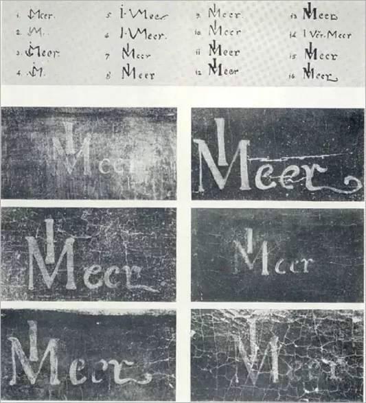 上方是维米尔真迹上的签名，下面6个签名是汉·凡·米格伦伪造的