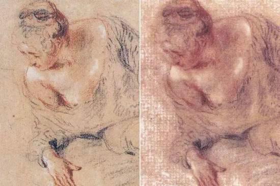 左图为18世纪洛可可代表画家华托素描，右图为兰迪斯的仿作