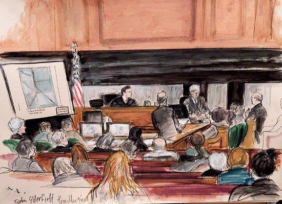 一幅描绘约翰·埃尔德菲尔德在诺德勒庭审上作证情景的漫画