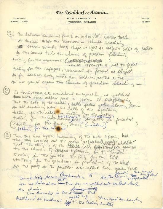 《自由钟声》的手写歌词，1964年。