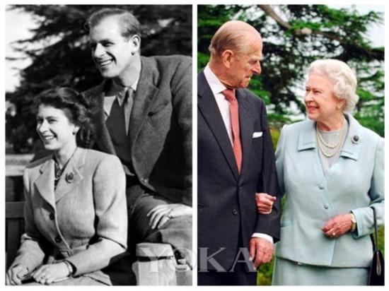 左图为伊丽莎白二世和菲利普亲王，1947年11月在汉普郡布罗德兰兹庄园度蜜月时携手散步，英女王手上佩戴的依然是皮带纤细女表，而右图是两人2007年旧地重游，伊丽莎白女王手上都佩戴了一款更为华丽的金质复古女表。