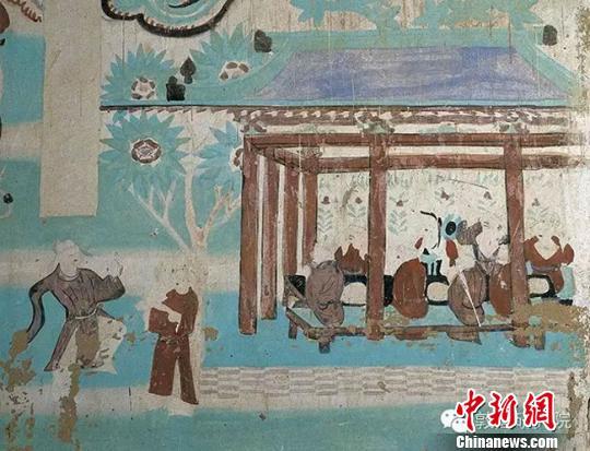 临近五一国际劳动节,敦煌研究院披露了一批敦煌壁画中涉及古代敦煌劳动者的画面。图为莫高窟第146窟-酒肆(五代)。 敦煌研究院供图 摄 临近五一国际劳动节,敦煌研究院披露了一批敦煌壁画中涉及古代敦煌劳动者的画面。图为莫高窟第146窟-酒肆(五代)。 敦煌研究院供图 摄