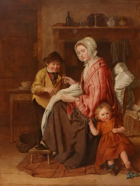威廉·亨姆斯利 《妈妈有了新宝宝》19世界   油画   52*44cm