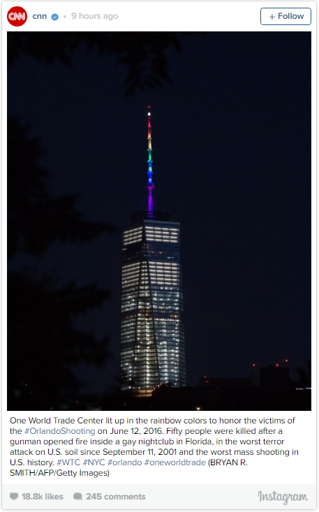 Instagram: 纽约时报中心一号大楼在2016年6月12日晚亮起了彩虹色灯光，悼念奥兰多枪击案（#OrlandoShooting）受害者。一名枪手在佛罗里达州同志夜店脉动（Pulse）中疯狂射击，50人因此受难。而这一枪击案是美国继2001年911事件后在本土遭受到的最严重恐怖袭击，也是美国历史上最惨烈的枪击案。#WTC #NYC #orlando #oneworldtrade (BRYAN R.SMITH/AFP/Getty Images) 图片：via Instagram @cnn