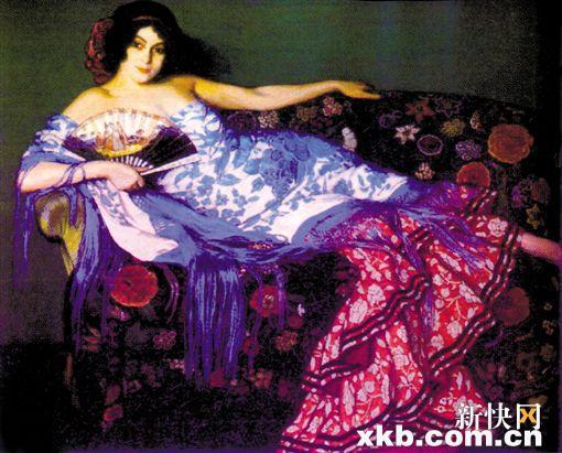 ■西班牙画家Lgnacio Zuloaga油画《洛丽塔》1920-1925年绘画，图中沙发上铺着黑地五彩大披肩，模特洛丽塔身上裹着白地蓝花披肩