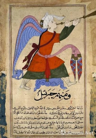 卡兹维尼（al-Qazvini）《创造的奥妙》手稿插图《天使伊斯拉菲尔》（The Archangel Israfil），1375-1425年，图片来源：大英博物馆