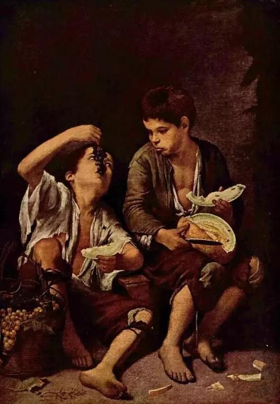 ▲巴托洛梅·埃斯特班·牟利罗《吃葡萄与甜瓜的乞丐少年》，1645年