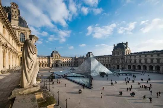 今天的卢浮宫，玻璃金字塔入口由贝聿铭设计