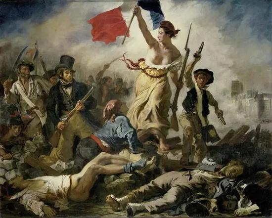 德拉克罗瓦《自由引导人民》，藏于卢浮宫。代表自由、平等、博爱的蓝白红三色即是大革命时期确立为法兰西象征色