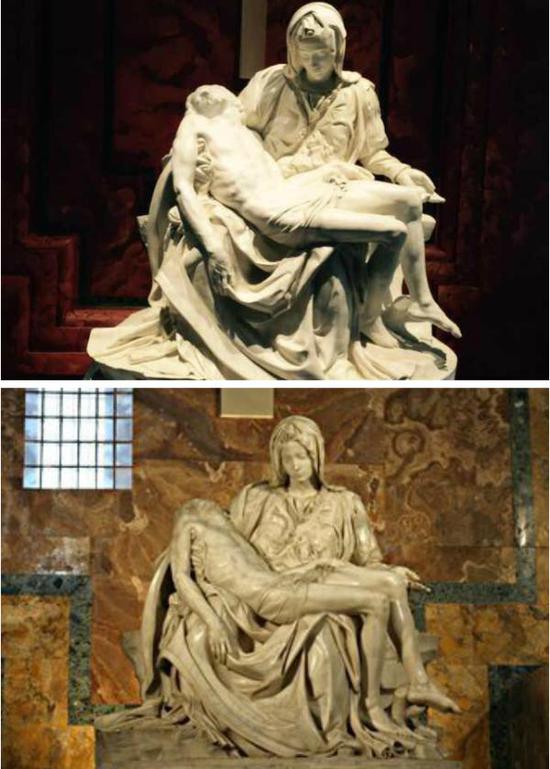 上图为《罗马圣殇》的石膏复制品，下图为梵蒂冈圣彼得大教堂内的原作。