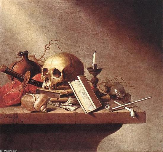 Harmen Steenwyck， “Vanitas，” circa 1640， oil on panel， 37.7 cm （14.8 in） x 38.2 cm （15 in）。